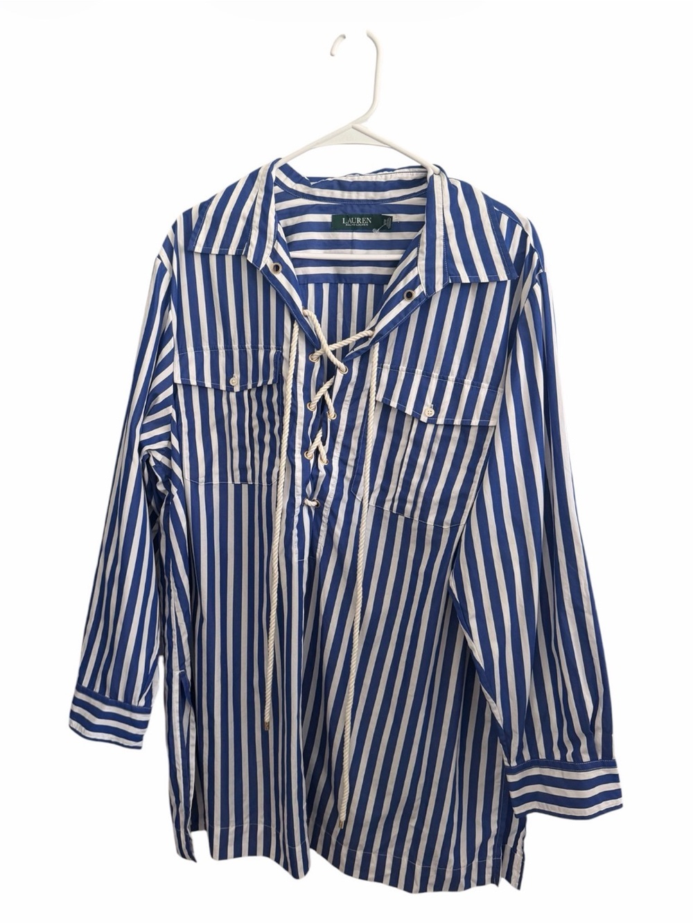 Lauren Ralph Lauren Blue and White Striped Lace-Up Button Front Shirt